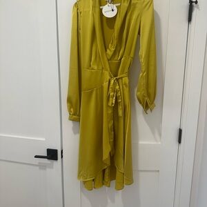 Boohoo Yellow Wrap Dress with Ruffled Bishop Sleeves